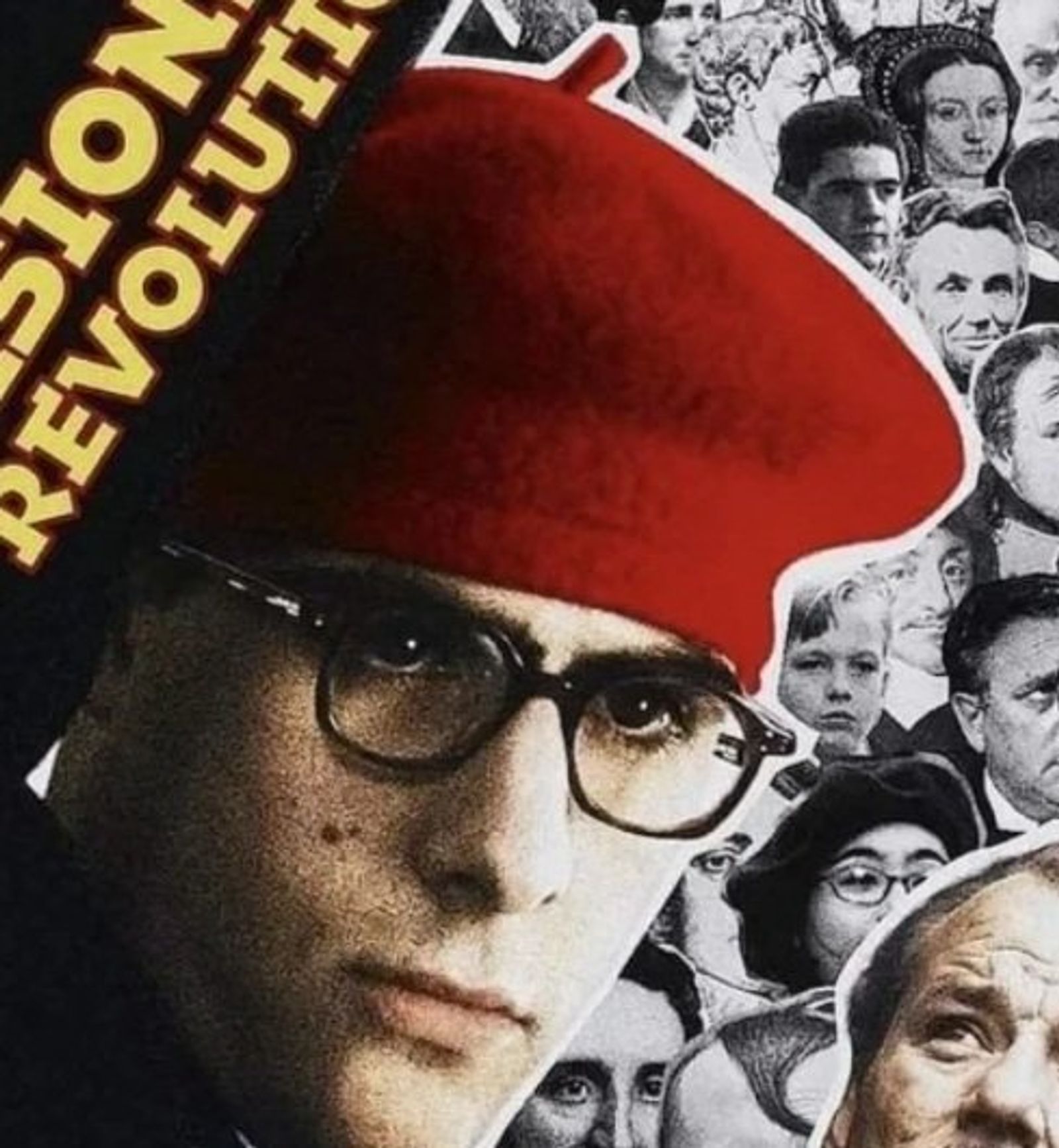 Close-up of a young man in a red beret and thick glasses, over a collage of black-and-white faces and diagonal lettering.