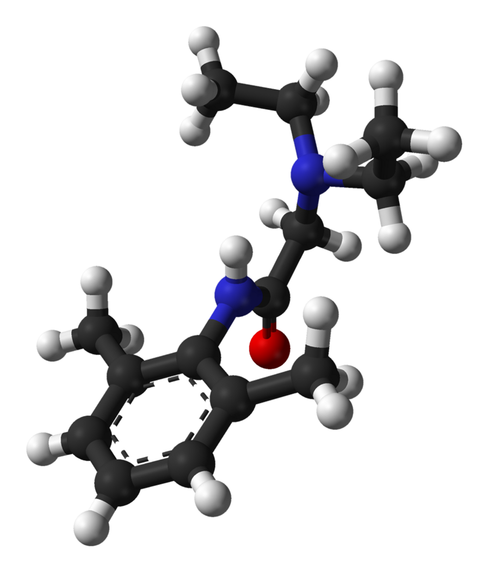 Ball-and-stick 3D model of a molecule on black, with grey carbon, white hydrogen, blue nitrogen and red oxygen atoms.