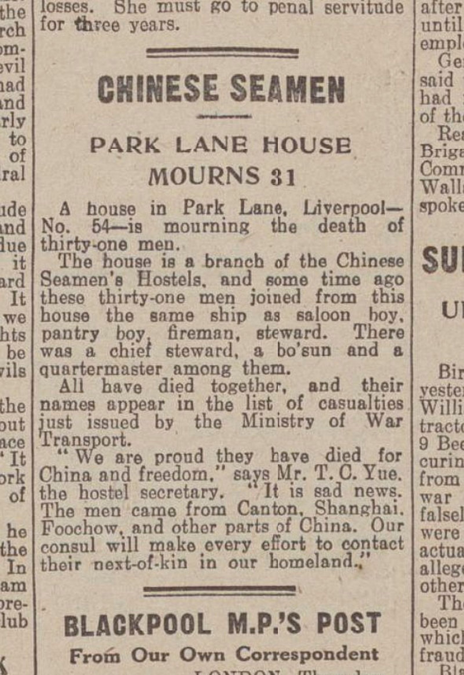 Newspaper cutting headed "Chinese Seamen: Park Lane House mourns 31", reporting the deaths of thirty-one men from a Liverpool hostel.