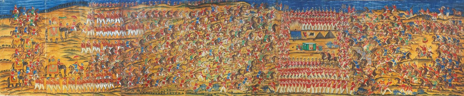 Panoramic painting of the Battle of Pollilur, with dense ranks of soldiers and horses in red and blue on a gold ground.