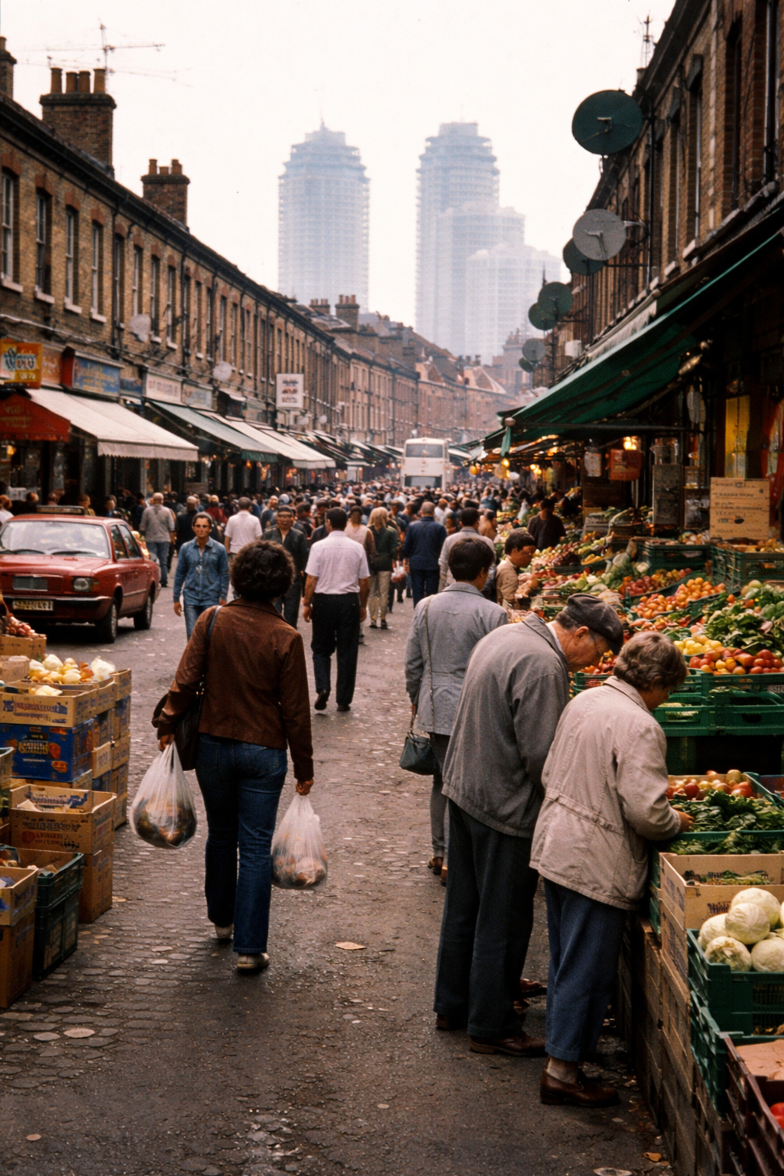 People shop at fruit and vegetable stalls along a cobbled East London street, with two tower blocks on the skyline.