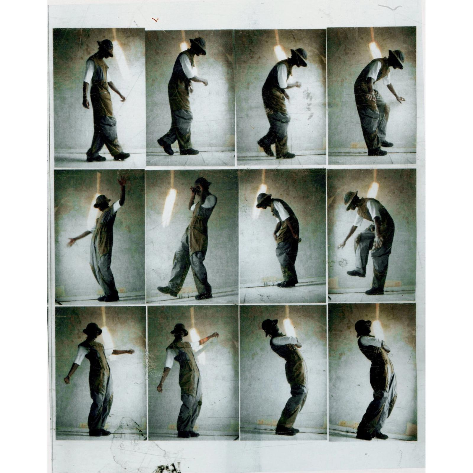 Twelve-frame sheet of a figure in an olive jumpsuit and hat moving through a sequence of poses.