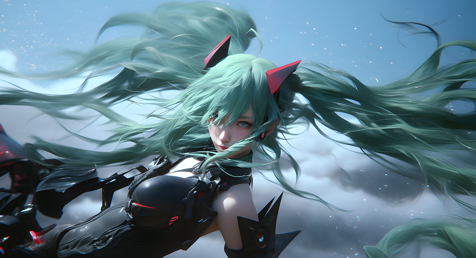 AI-generated image of an anime-style character with long teal twin-tails and red horns, in black armour against a cloudy sky.