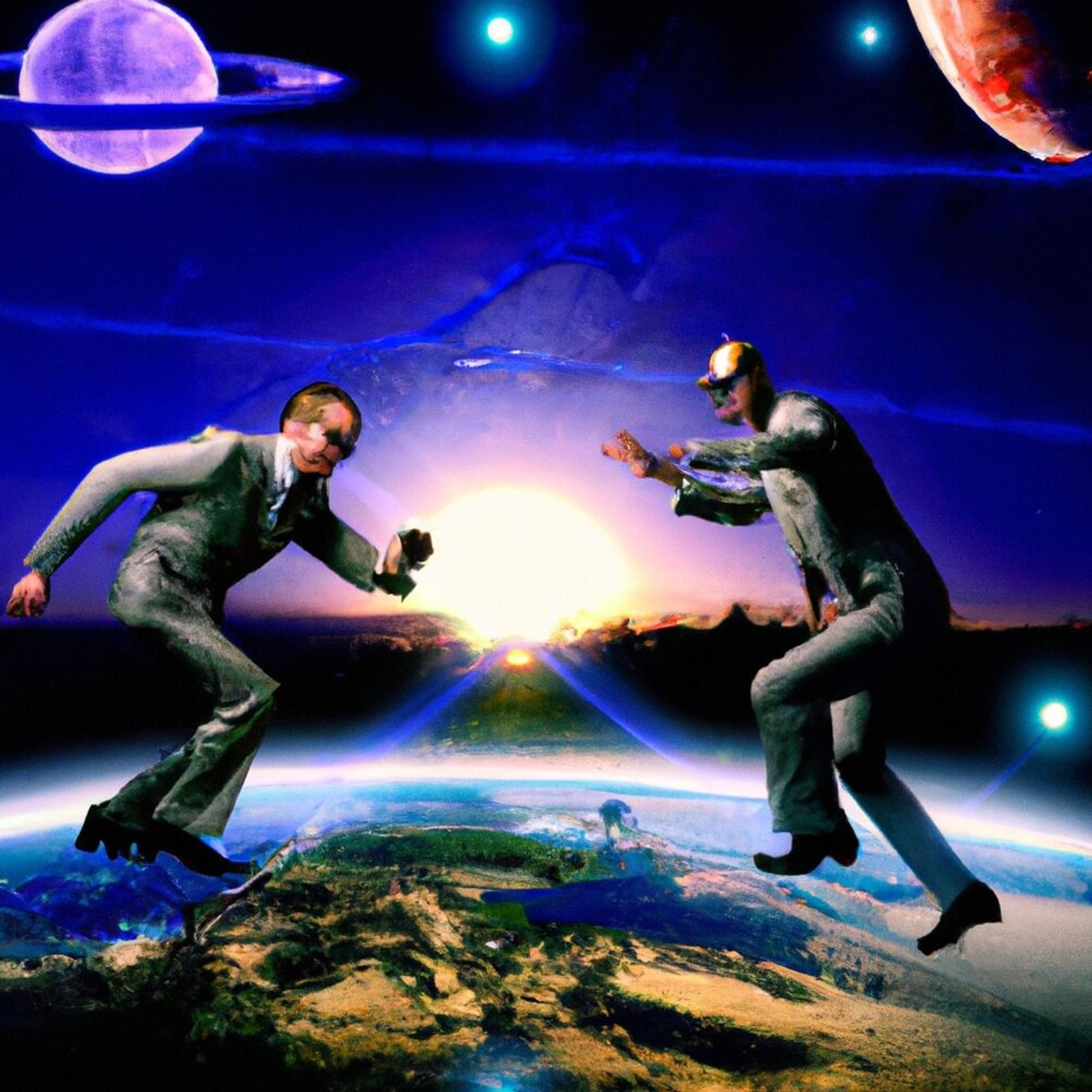 Sci-fi collage of two suited men in dancing poses above Earth at sunrise, with ringed planets in a deep blue sky.