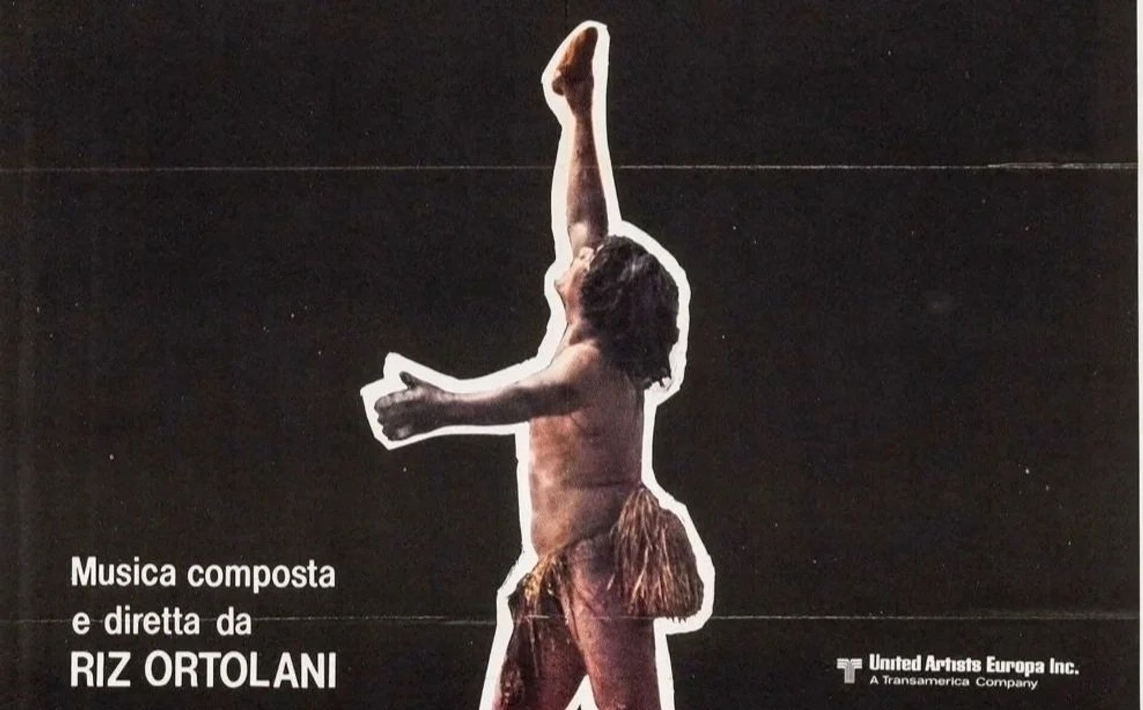 Detail of an Italian film poster: a cut-out figure in a grass skirt with one arm raised against black, with a music credit to Riz Ortolani.