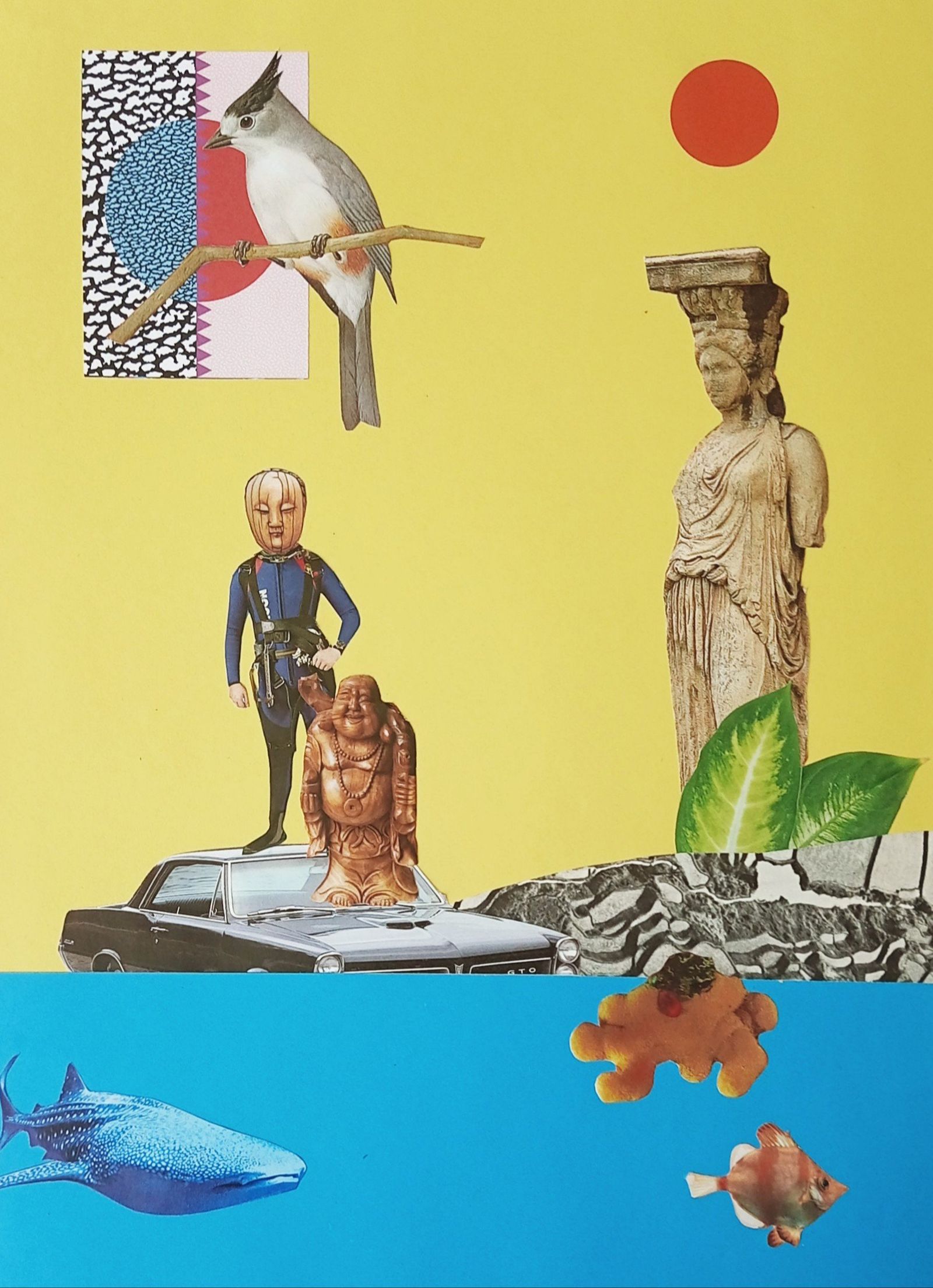 Surreal collage on yellow: a crested bird, a classical statue, a diver and a seated Buddha on a car, and a whale shark in the blue below.