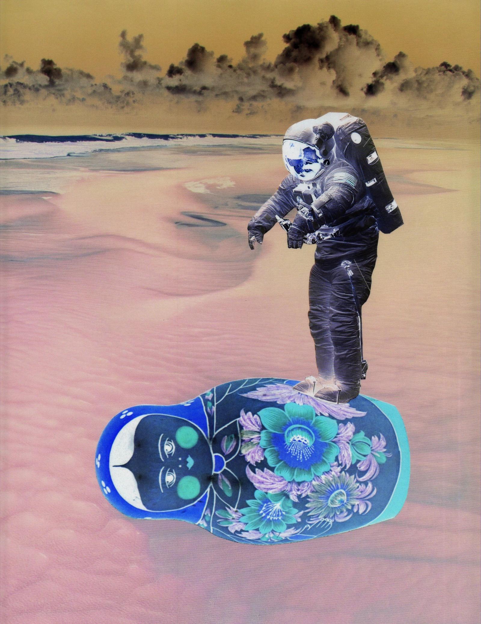 Collage of an astronaut standing on a large blue floral nesting doll on a pink sandy shore under a dark, cloudy sky.