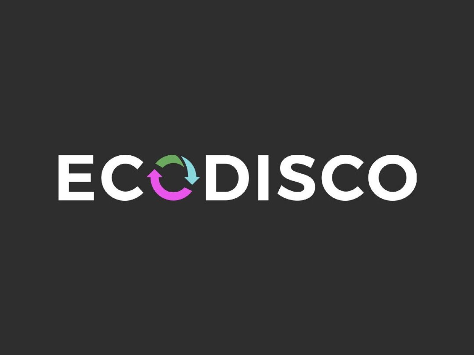 The white Ecodisco logo on a dark grey background, with a recycling-arrow symbol in the letter O.