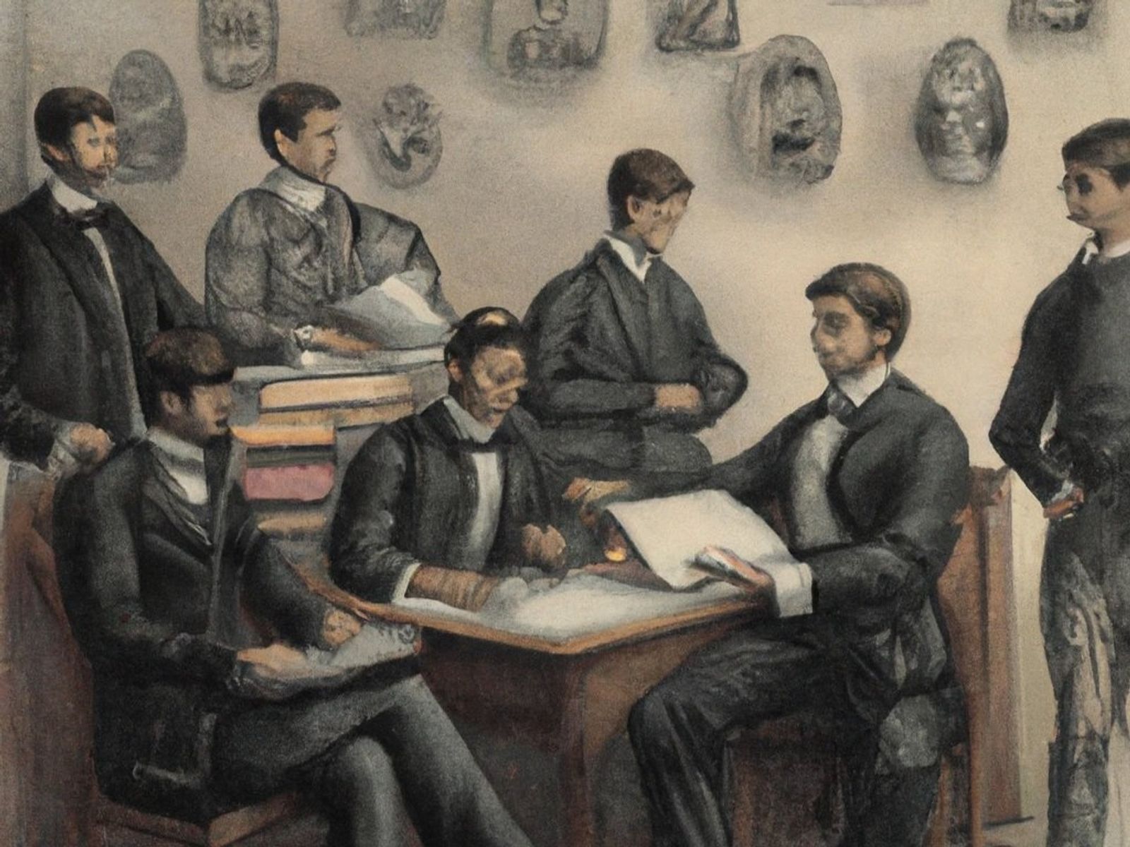 Painted scene of men in dark Victorian-style suits gathered around a table of papers, with carved masks on the wall behind.