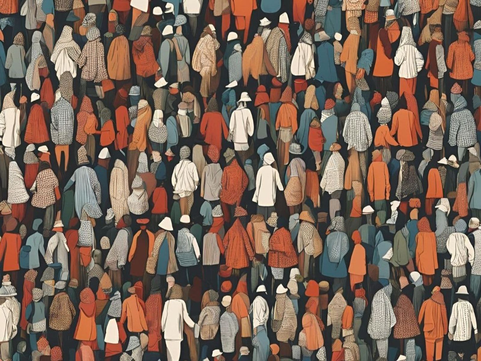 Illustration of a dense crowd seen from behind, in coats and hats of orange, blue, white and patterned fabric.