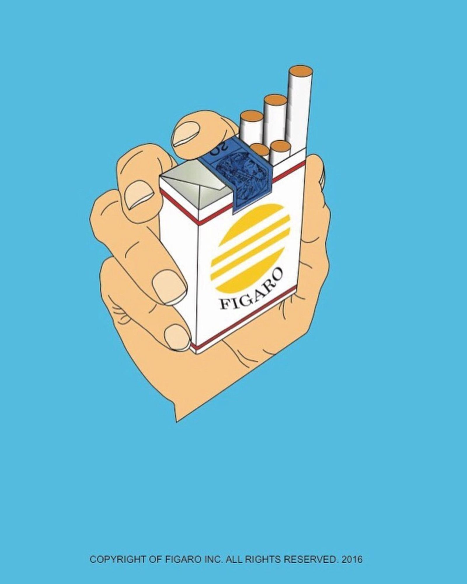 Illustration of a hand holding an open pack of Figaro cigarettes, on a light blue background.