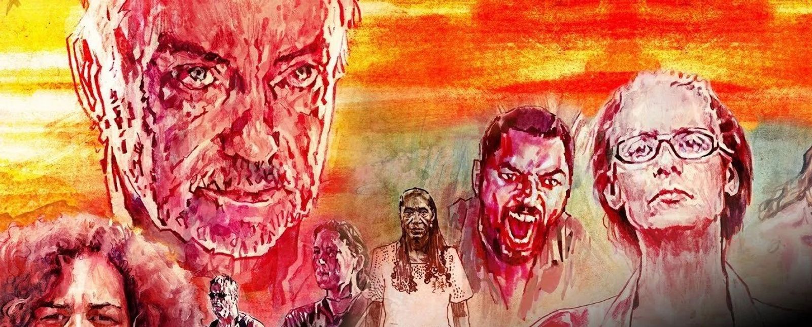 Illustration in red and orange of a group of intense faces, including an older man, a woman in glasses and a shouting man.