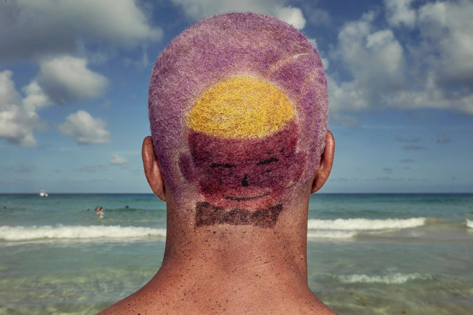The back of a shaved head dyed purple with a yellow patch and a smiling face, looking out at the sea.