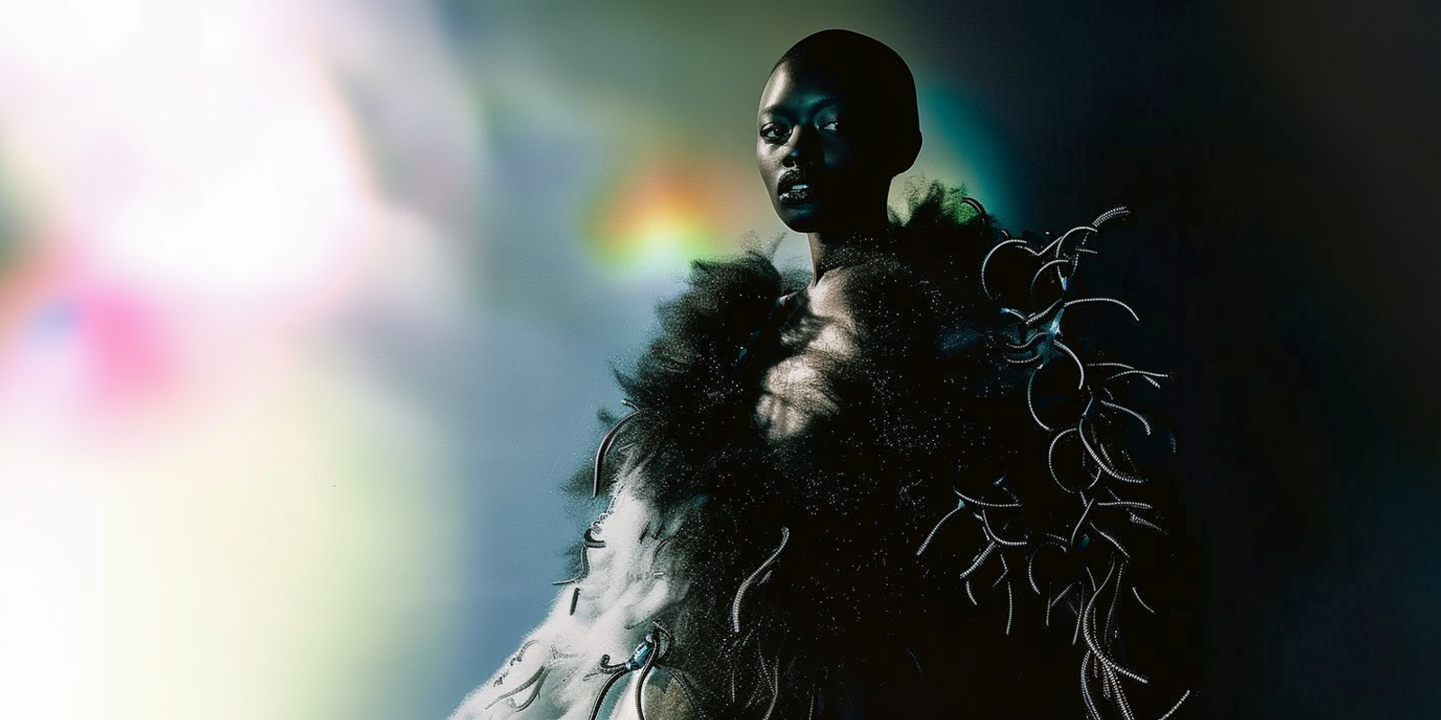 AI-generated portrait of a model in a dark feathered garment, lit by soft pastel flares of light.