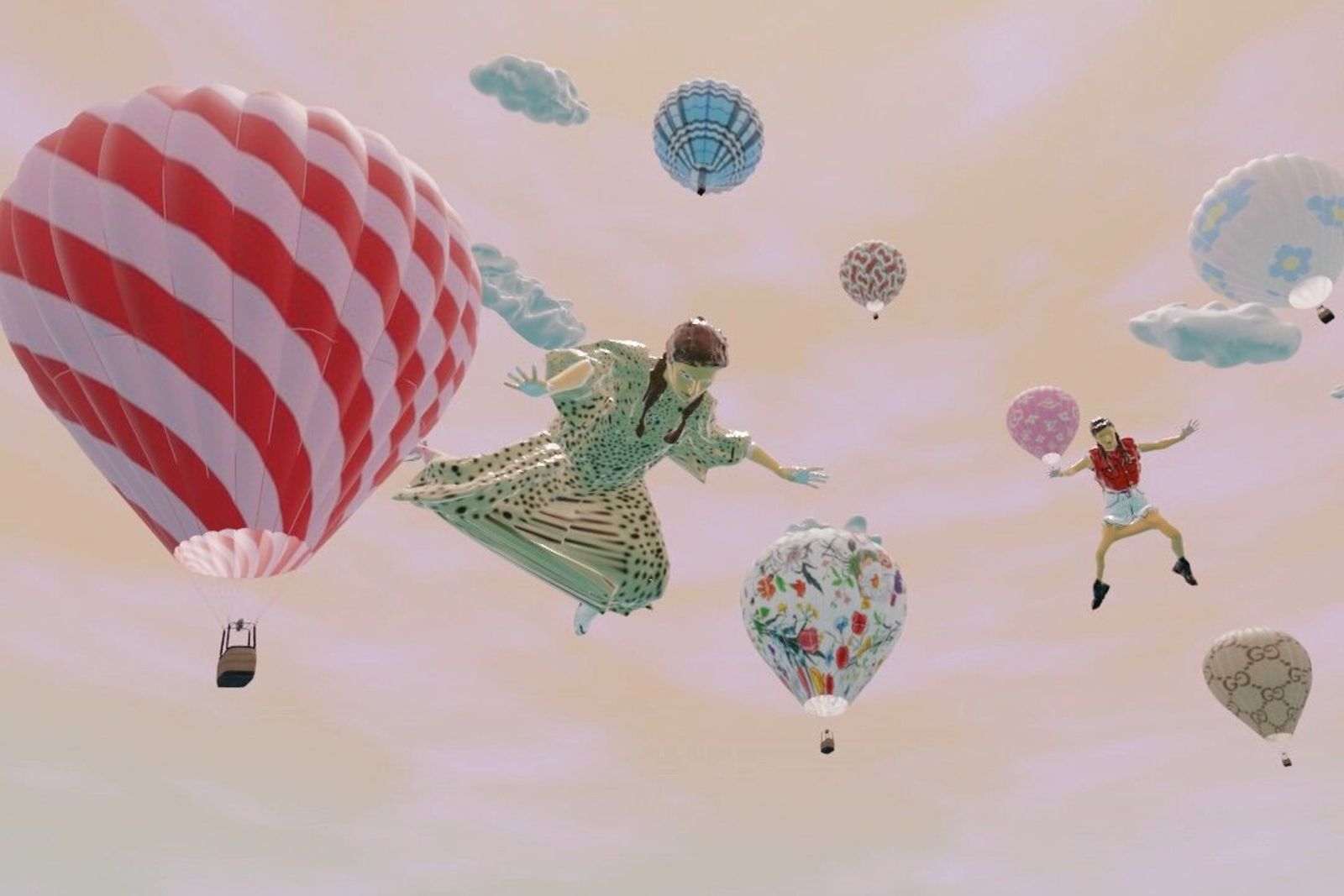 3D render of figures in floral and green dresses drifting among patterned hot-air balloons in a pale pink sky.