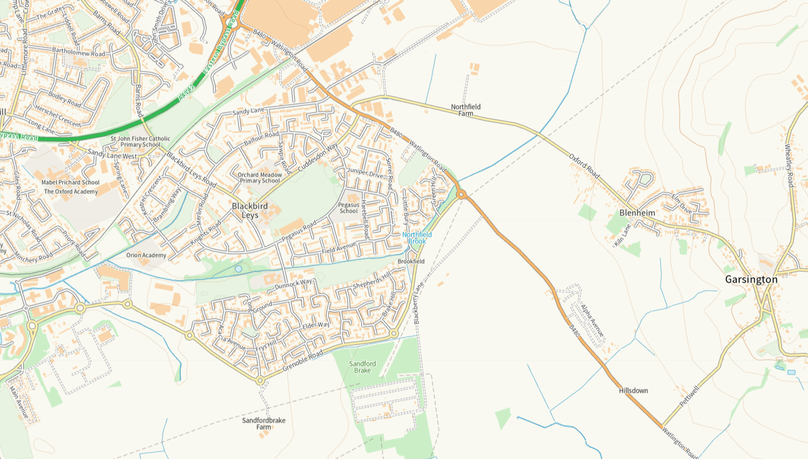 A map of the Leys estates showing the course of Northfield Brook.