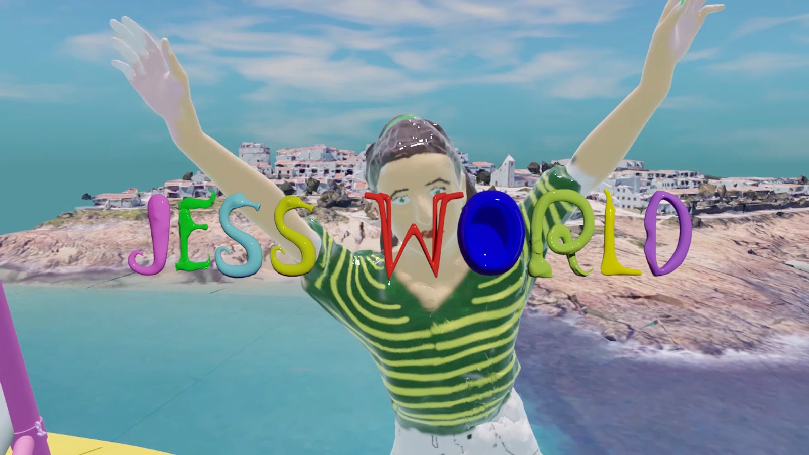 3D scene titled Jess World: a figure in a green striped top raises both arms above a rocky island with white buildings and turquoise sea.