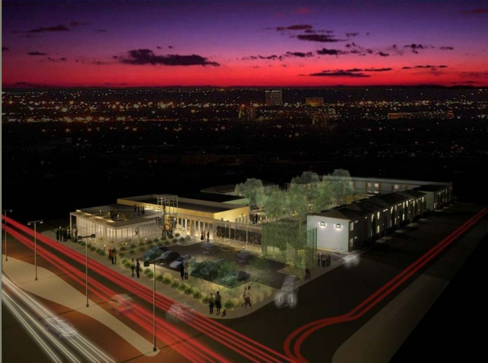 Night-time architectural render of a low-rise housing complex around a courtyard, lit against a red and purple dusk sky.
