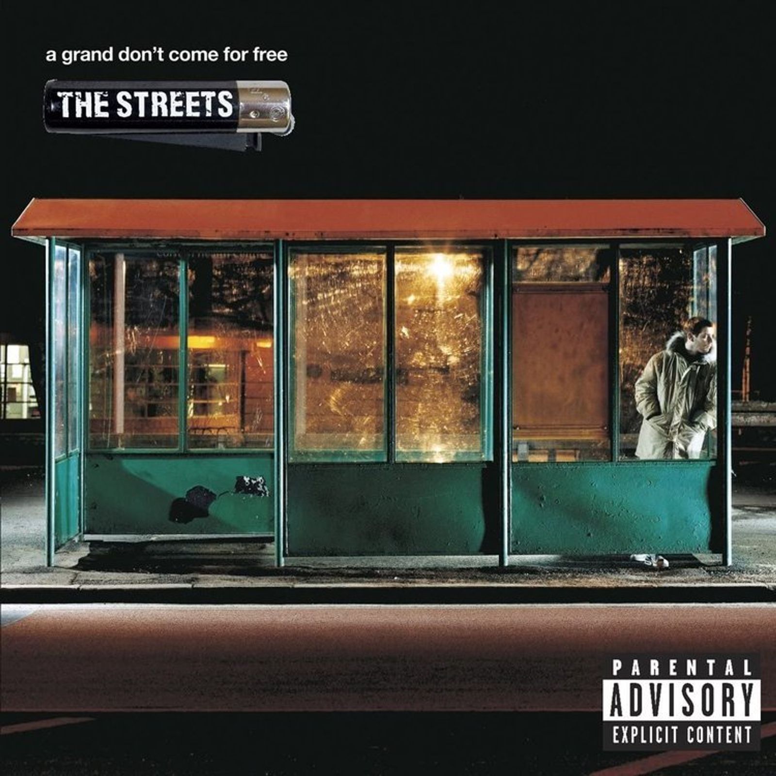 Cover of The Streets' album A Grand Don't Come for Free: a lit green bus shelter at night with a figure in a parka inside.