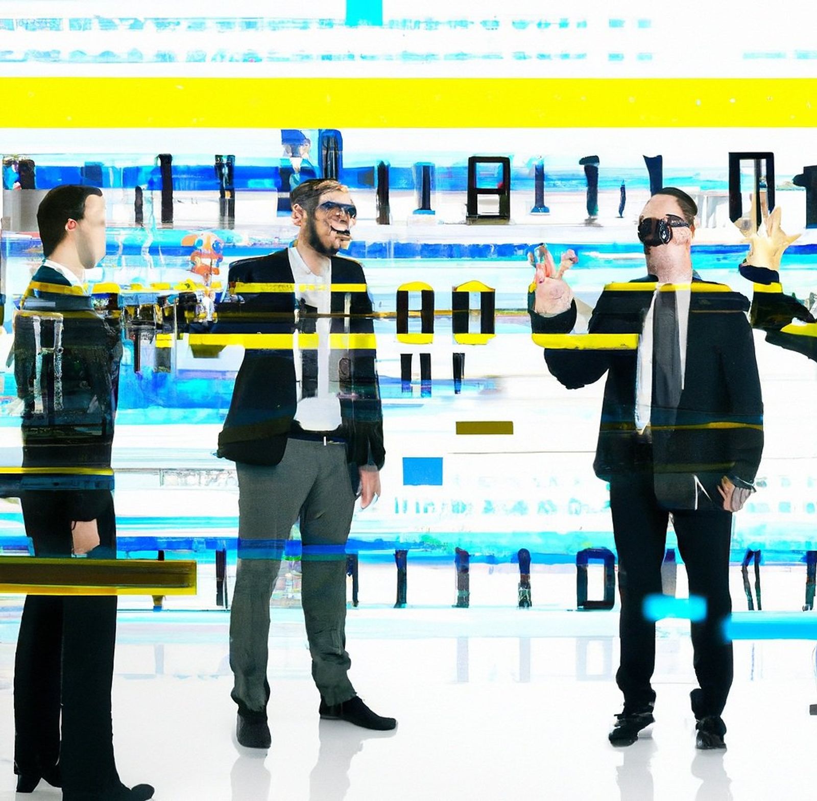 Glitched digital image of men in dark suits standing in a white room, overlaid with binary digits and yellow and blue bars.