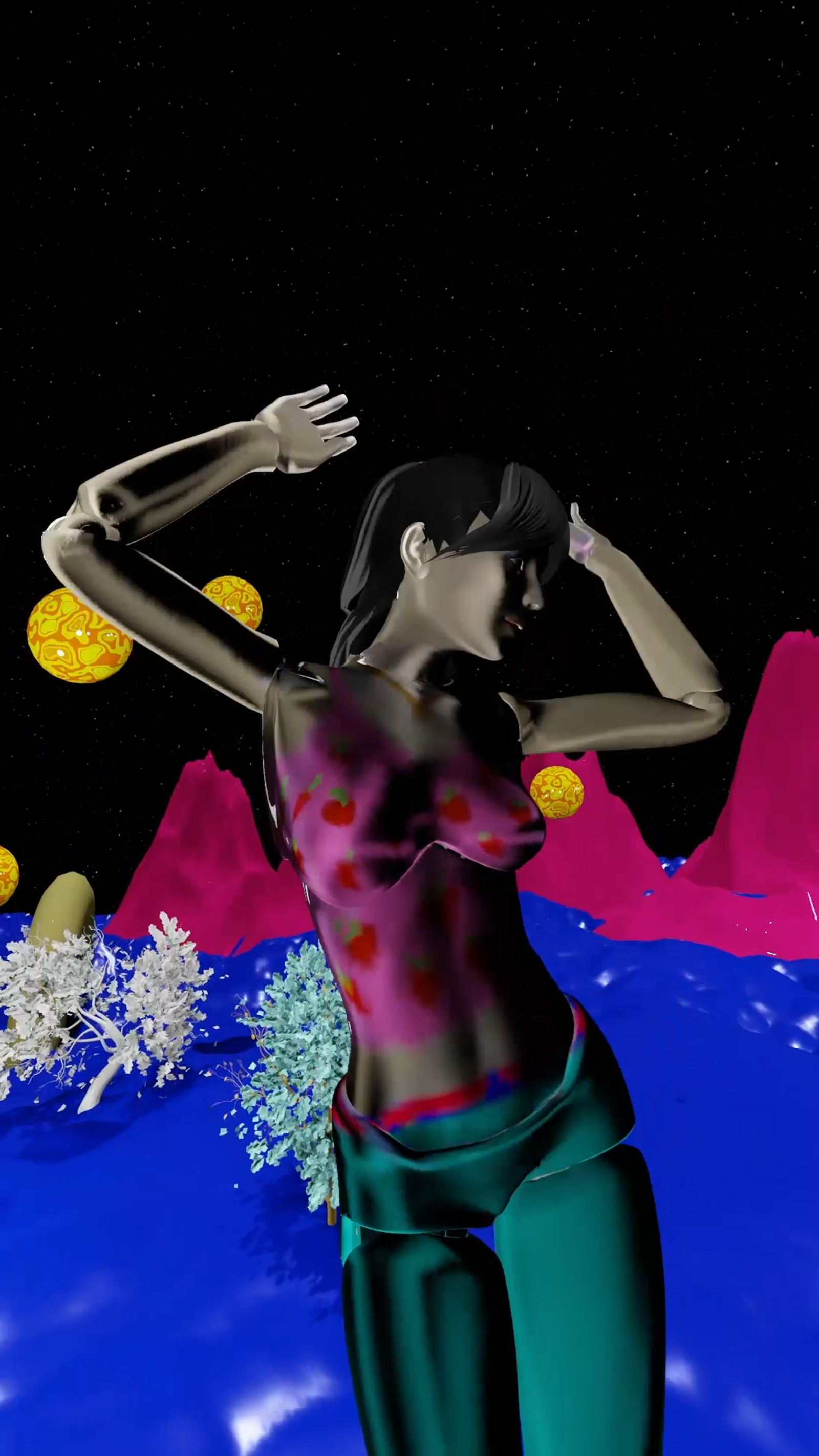 3D render of a dancing figure in a floral top and teal trousers, with one arm raised, on a blue landscape with pink mountains and gold orbs.