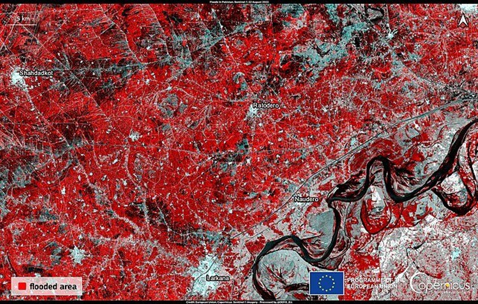 False-colour satellite map of flooding in Pakistan around Larkana, with the winding river and flooded areas in red.