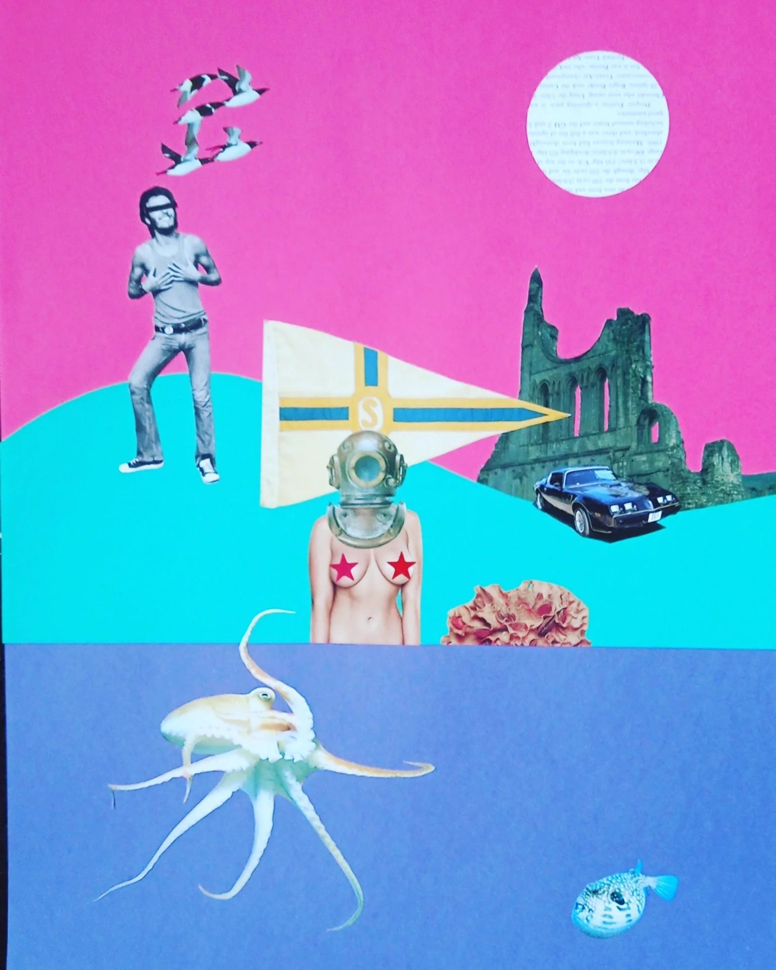 Surreal collage on pink and turquoise: a standing man, a pennant, a ruined abbey, a vintage car and a figure in a diving helmet above an octopus.
