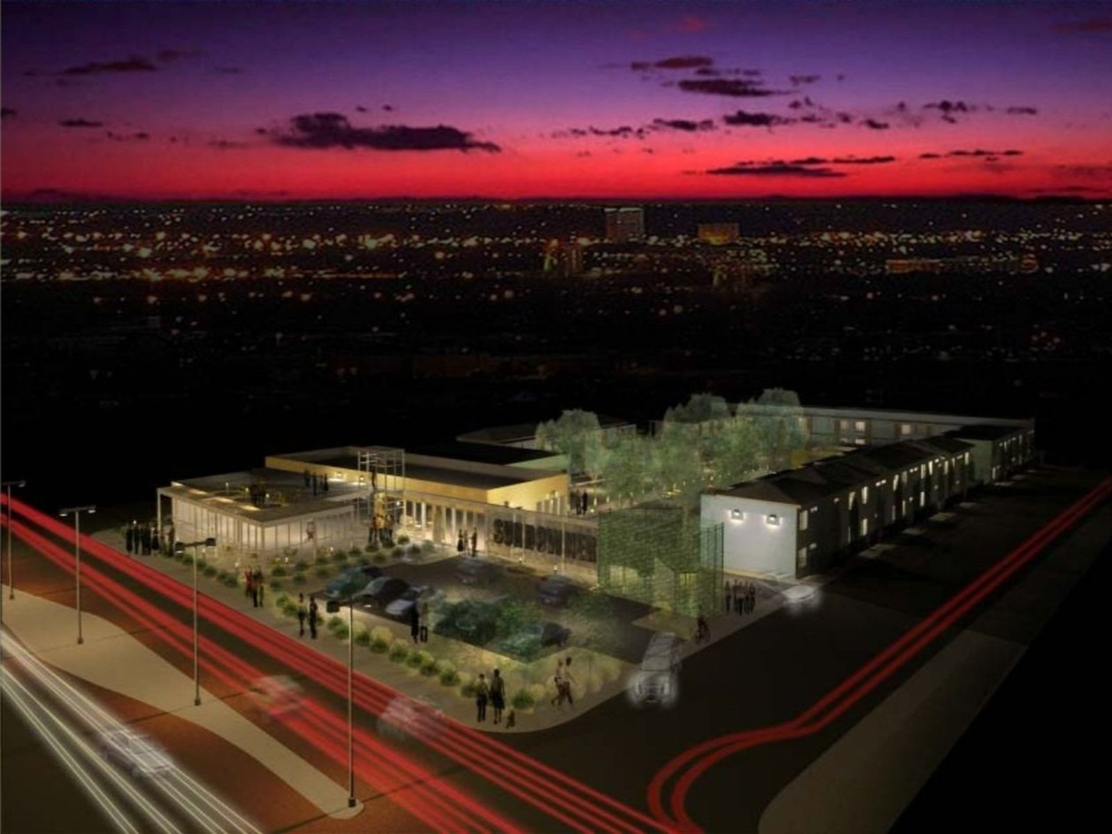 Night-time architectural render of a low-rise housing complex around a courtyard, lit against a red and purple dusk sky.