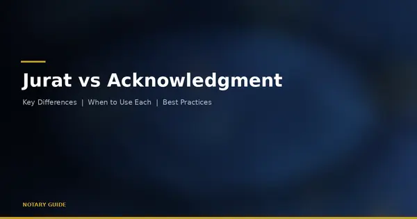 Jurat vs Acknowledgment: hero image showing two documents side by side with the Notary Guide brand