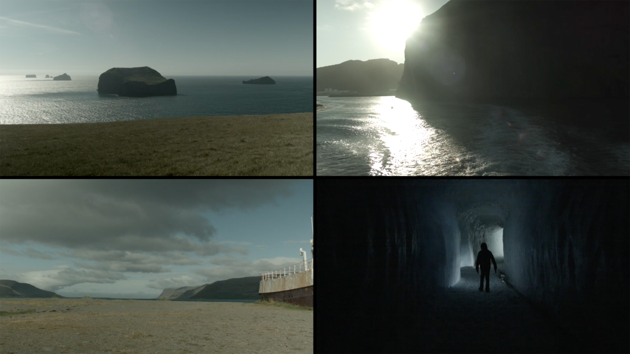 Four quadrants: three beach scenes and someone walking in a dark cave