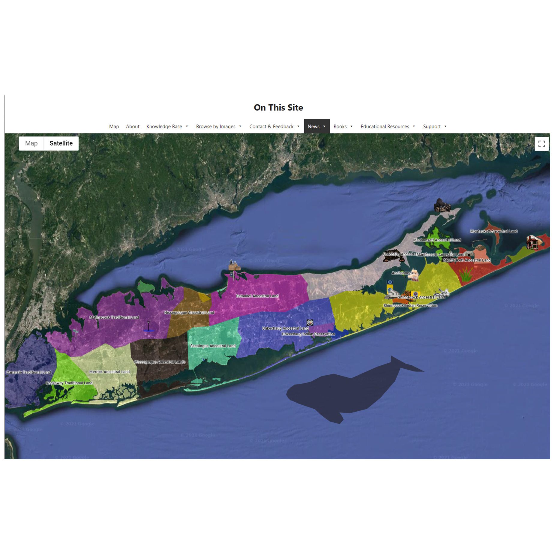 A screenshot of a website showing a map of indigenous territories on Long Island