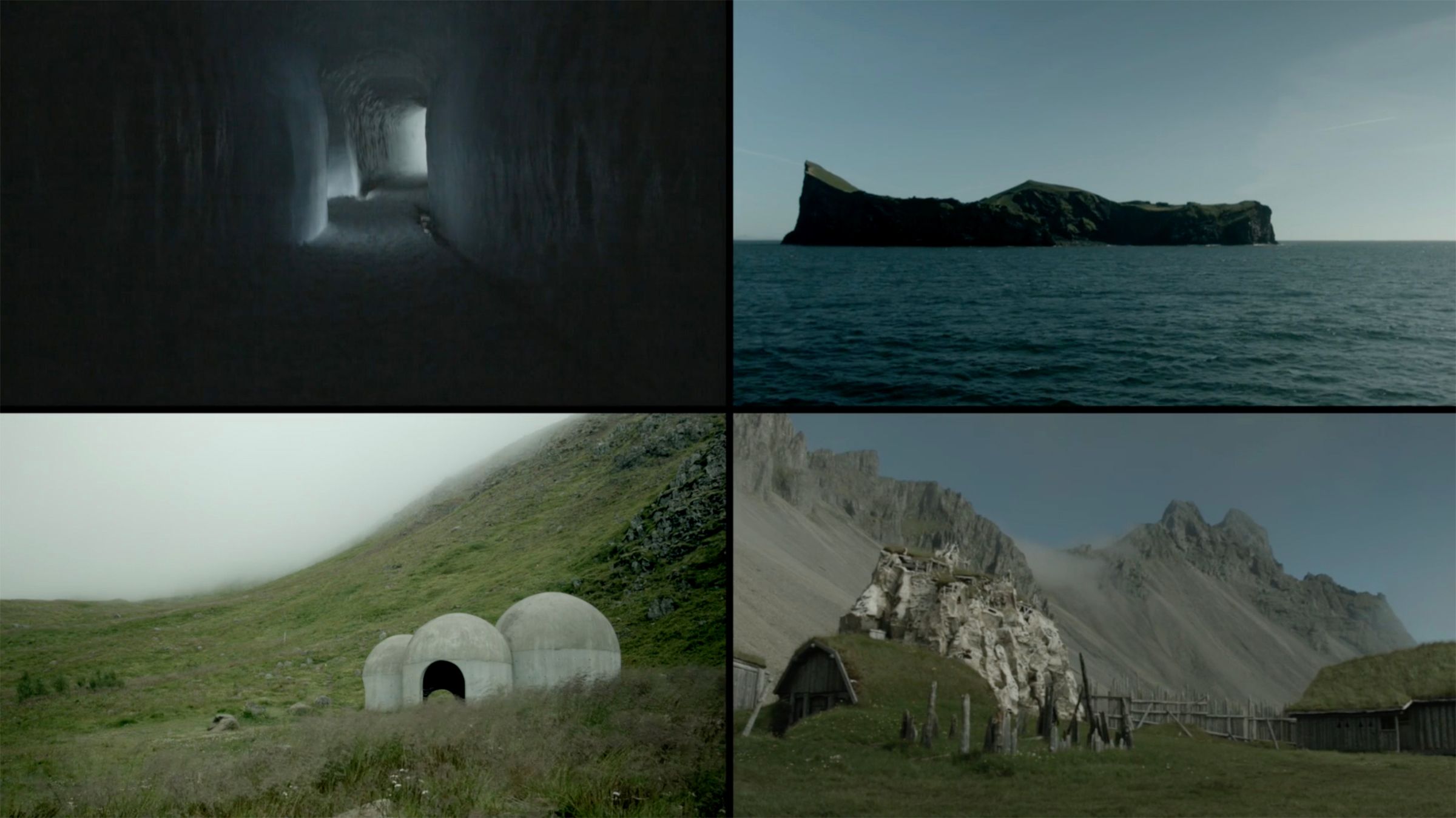 Four quadrants with a natural scene in each square (a shadowy cave, an island, a grassy hill with a domed building, a craggy cliff with a grass-covered house)