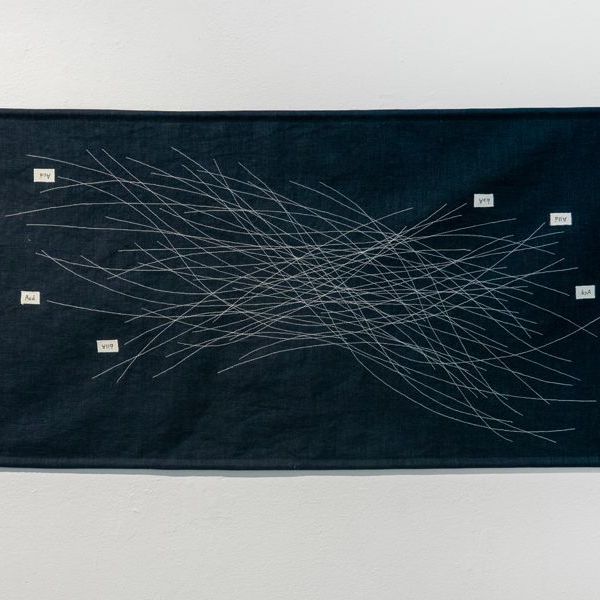 Embroidered lines connect the words 'aca' and 'alla'