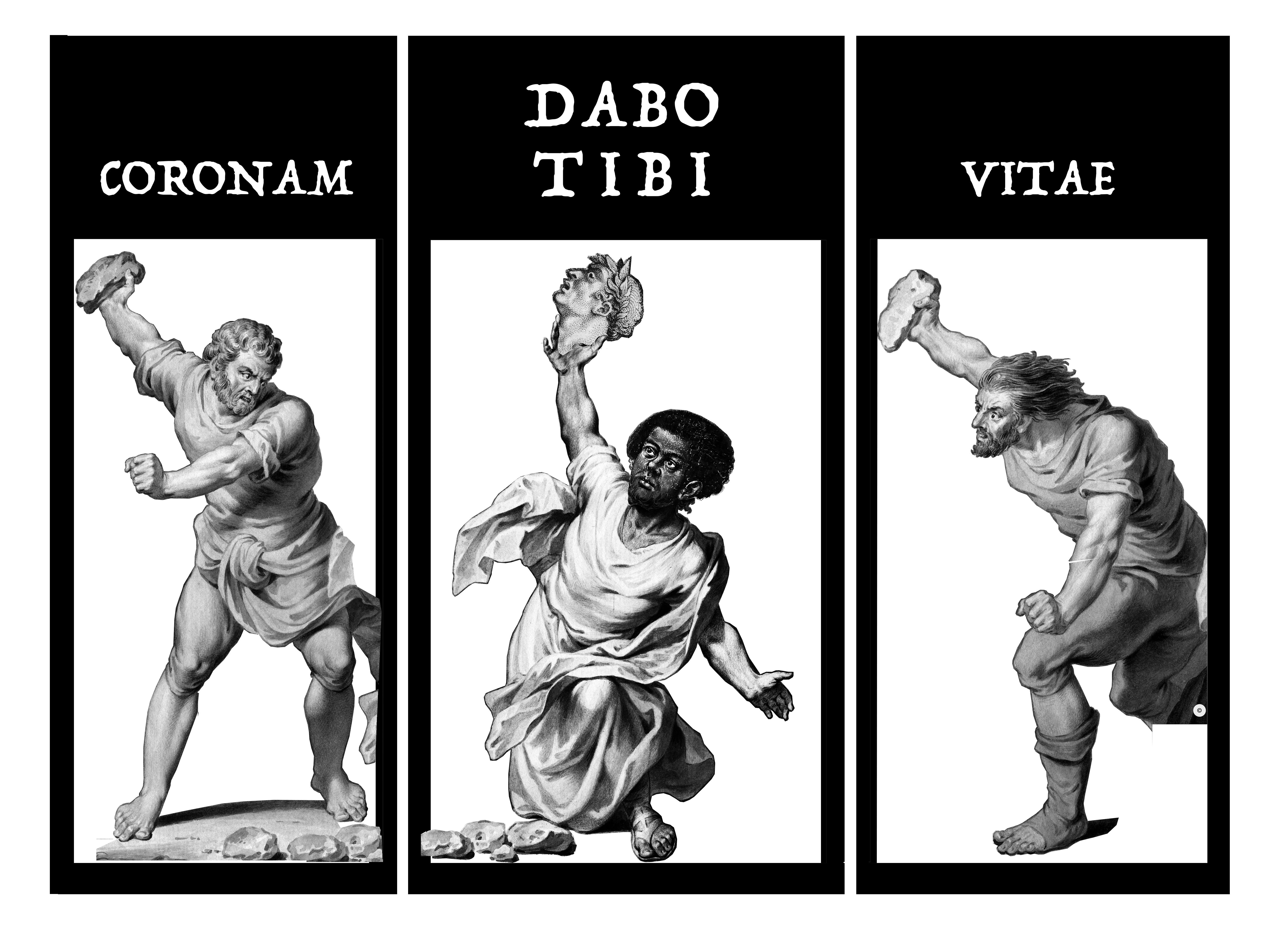 A triptych of Roman statues with the words “Coronam Dabo Tibi Vitae” above them. The center figure is Black; the other two white.