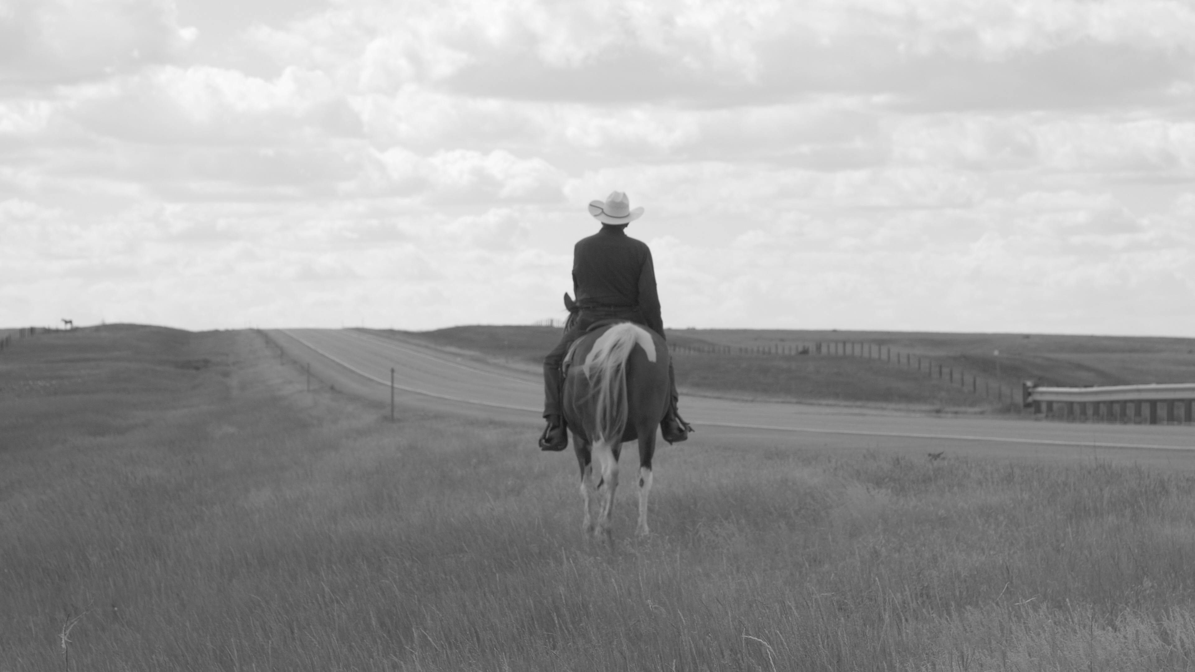 A man wearing a cowboy hat, on horseback in the center of a roadside field.