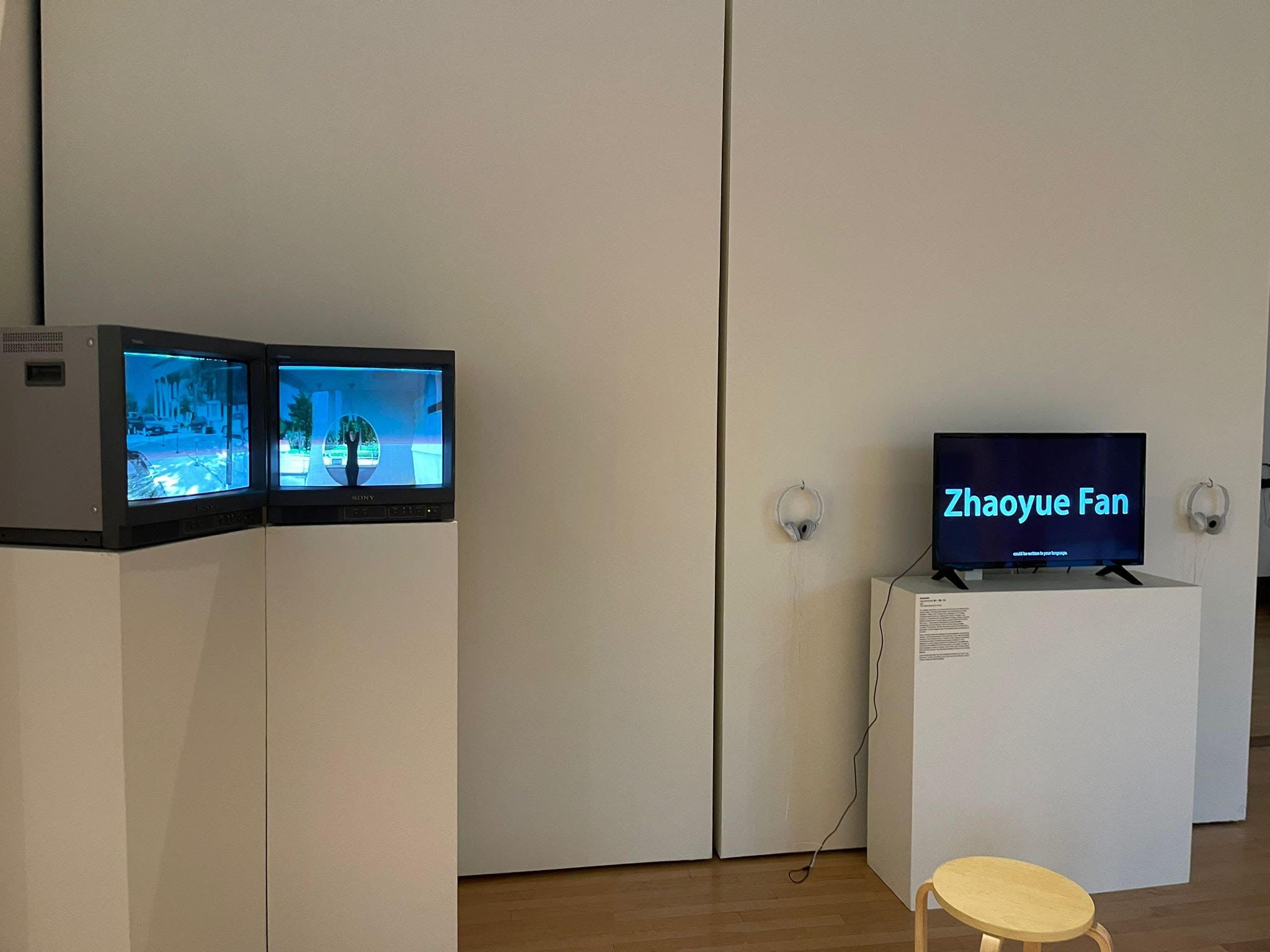 Two screens play video. One is glitched like an old VHS, and one reads "zhaoyuefan"