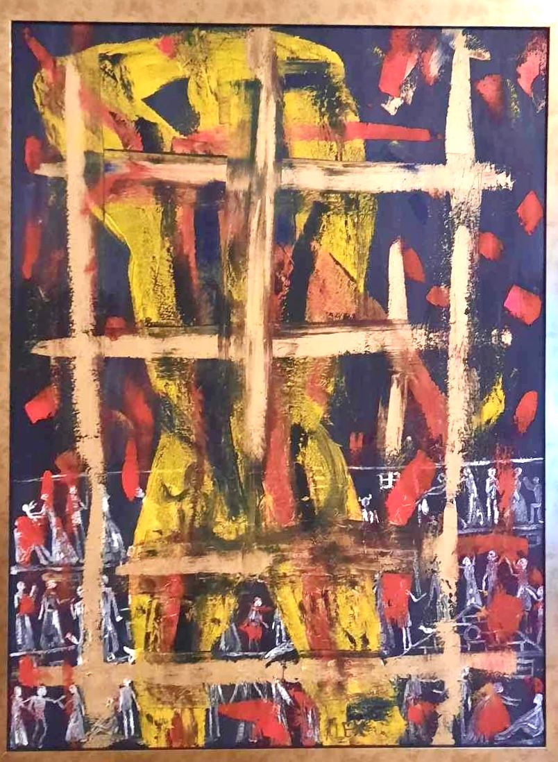 A painting with expressive paint strokes in navy blue, red, peach, and turmeric yellow. 
