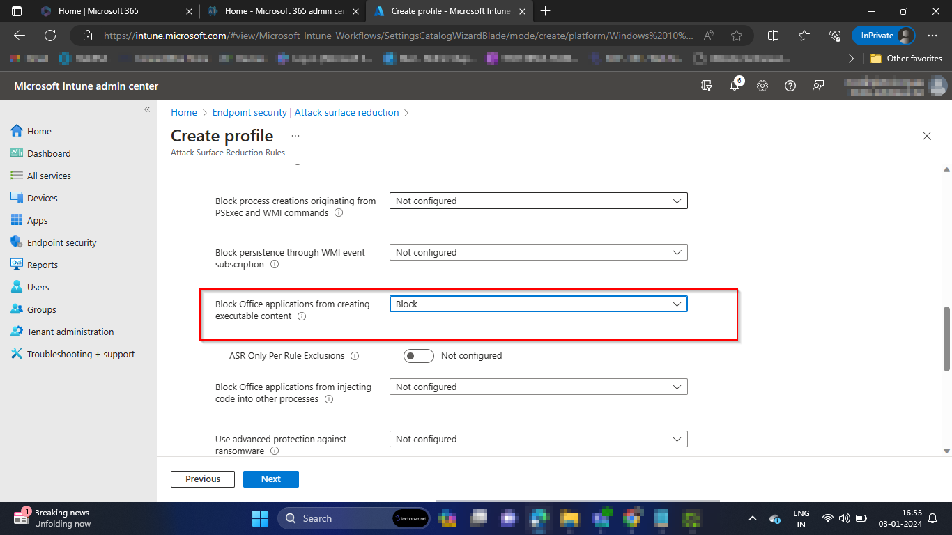 Enable the Office executable content rule