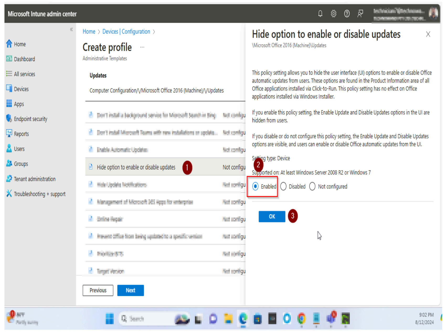 Navigate to Office Updates settings