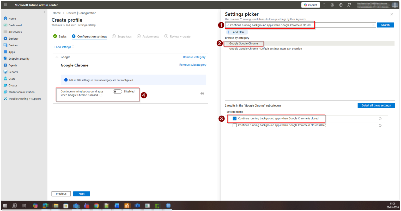 Search for and add the Chrome setting