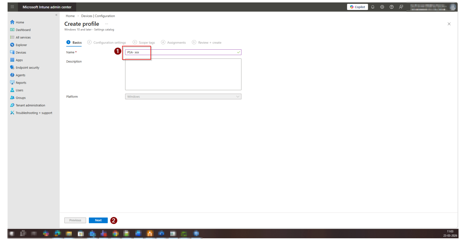 Create a new Settings Catalog policy