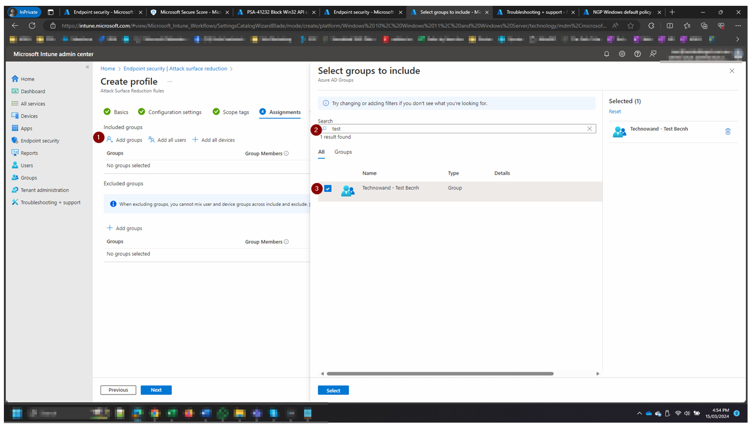 Assign the policy to the test bench group