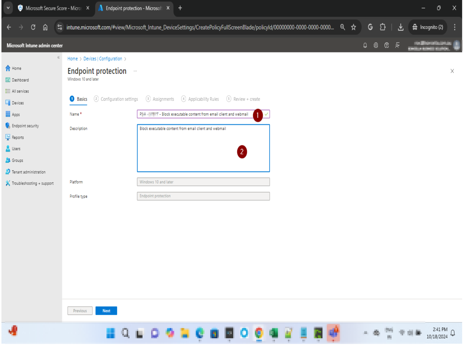 Name the policy and open Configuration settings