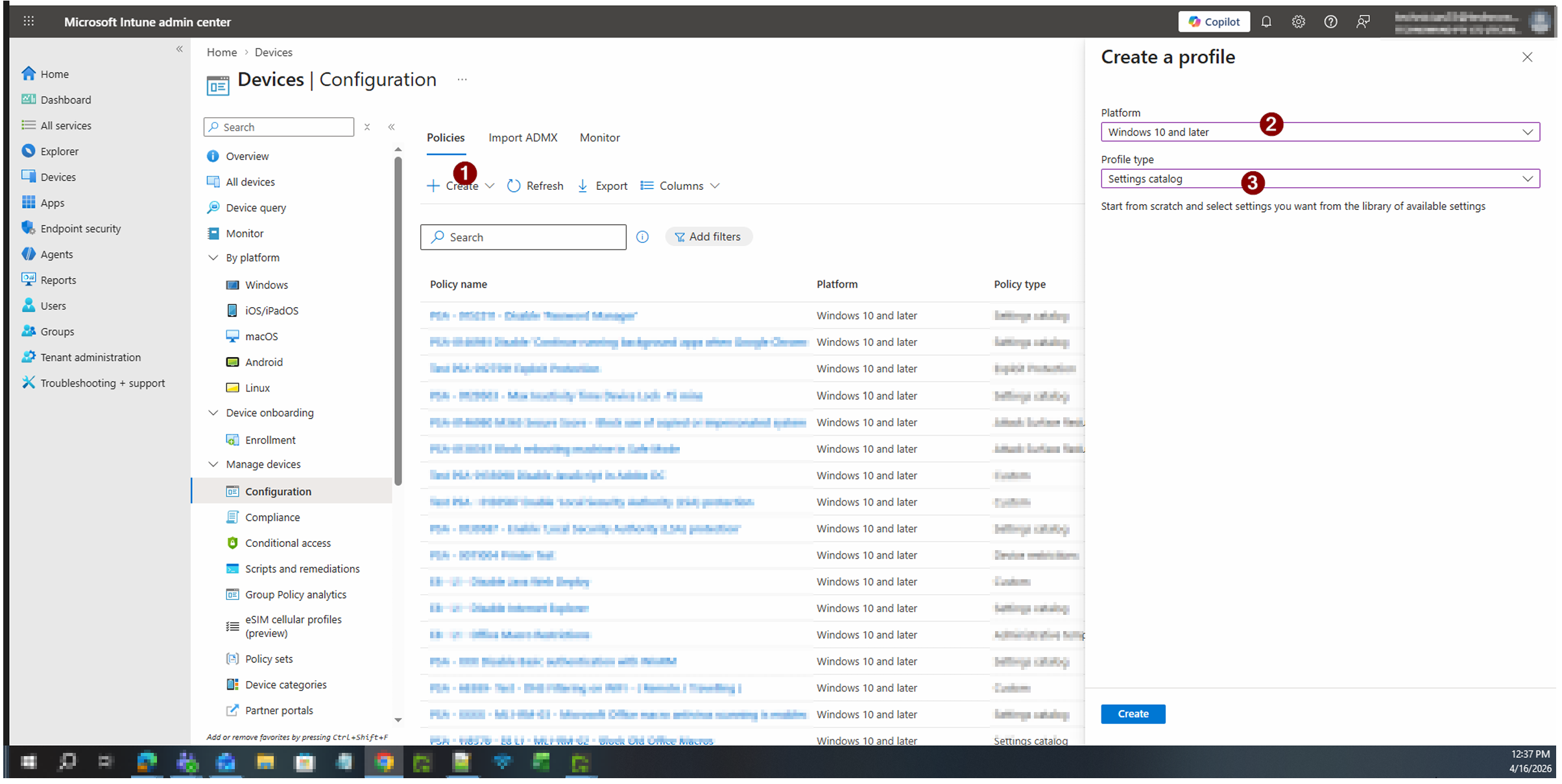 Go to Devices > Configuration profiles and create a new profile