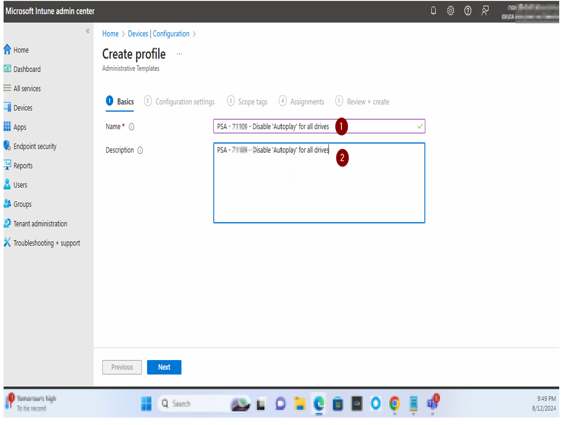 Name the Profile and Proceed to Configuration Settings