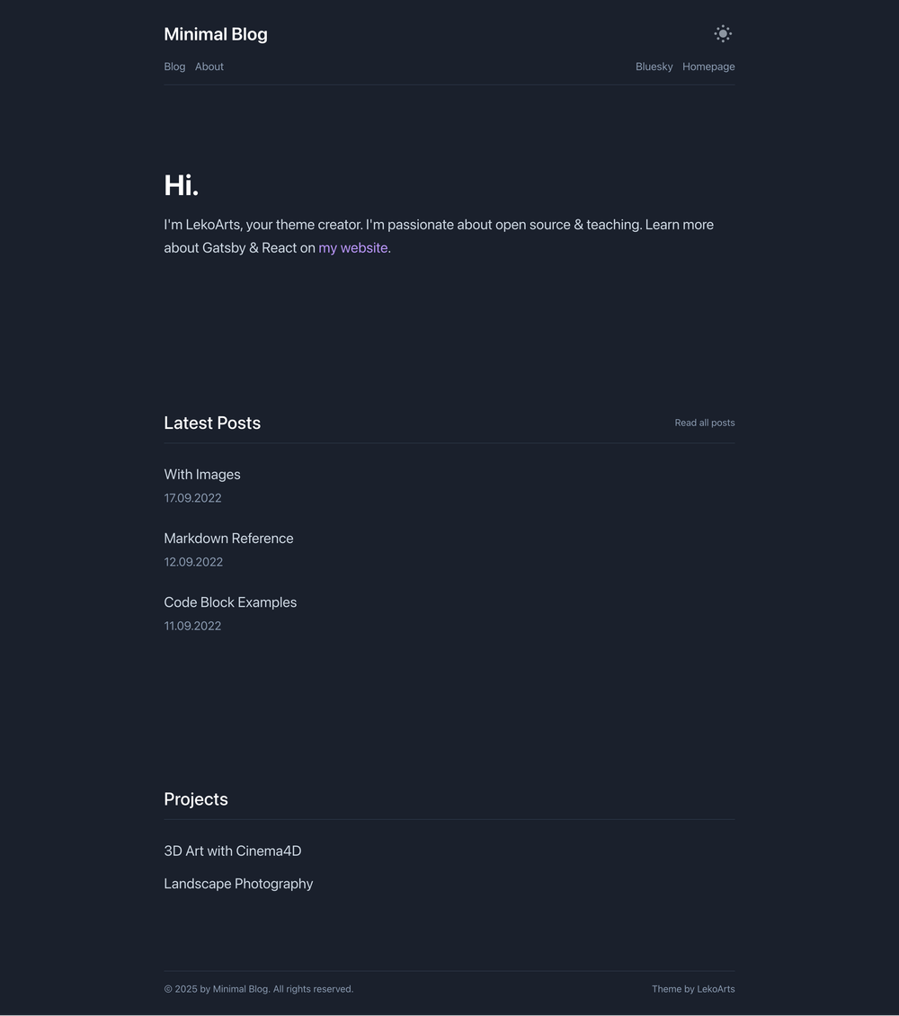 gatsby-theme-minimal-blog screenshot | ATemplate.com