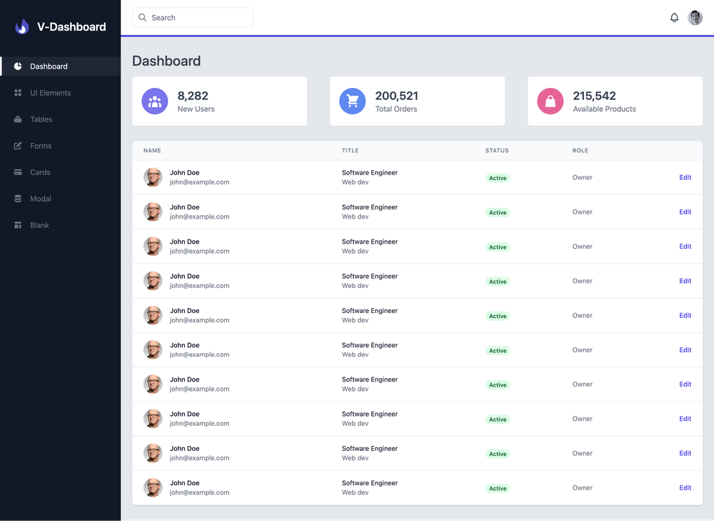 V-Dashboard screenshot | ATemplate.com