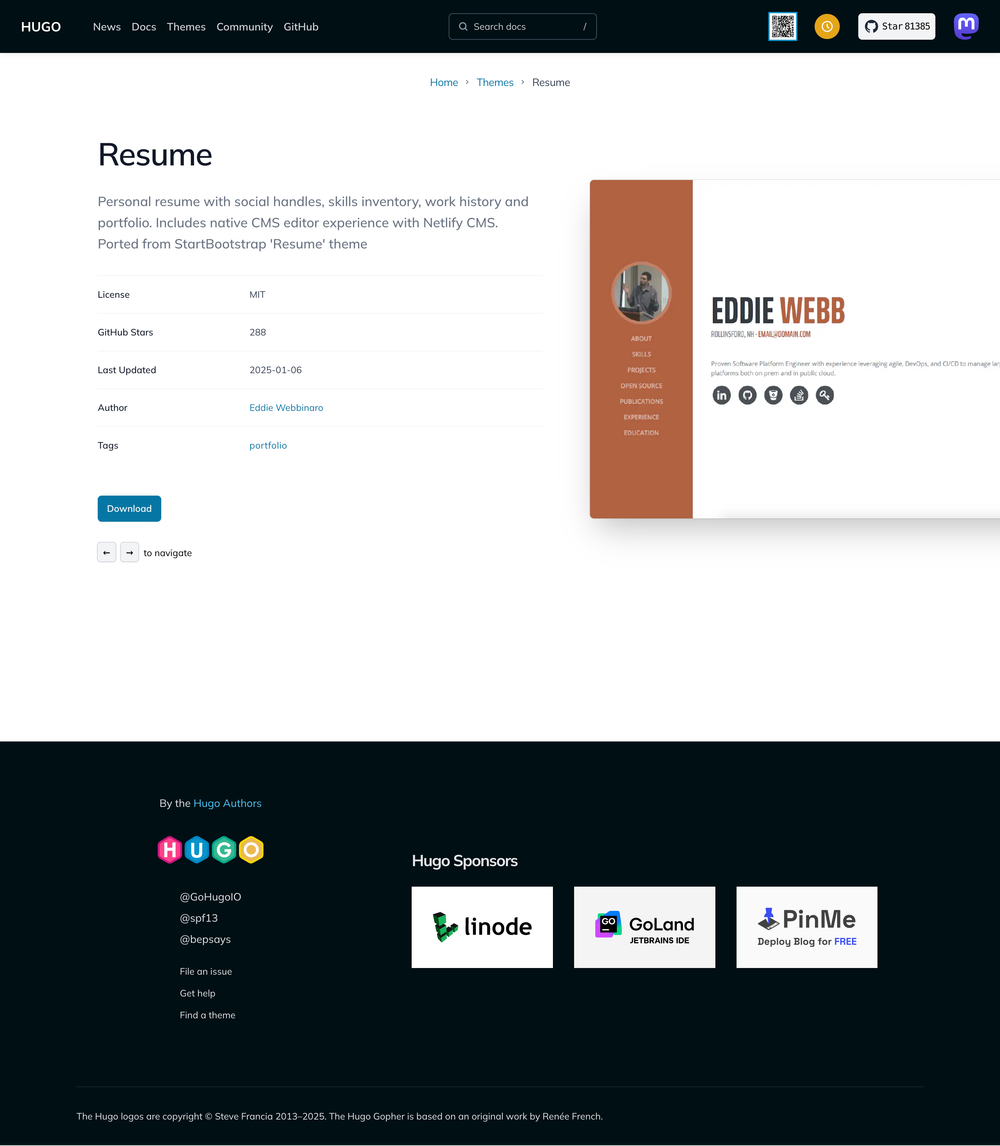 hugo-resume screenshot | ATemplate.com