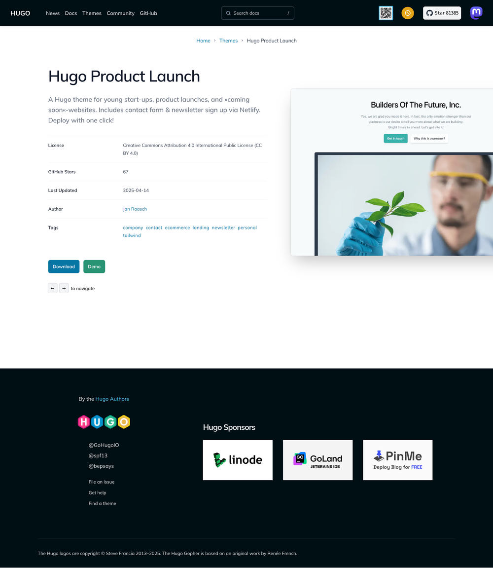 hugo-product-launch screenshot | ATemplate.com