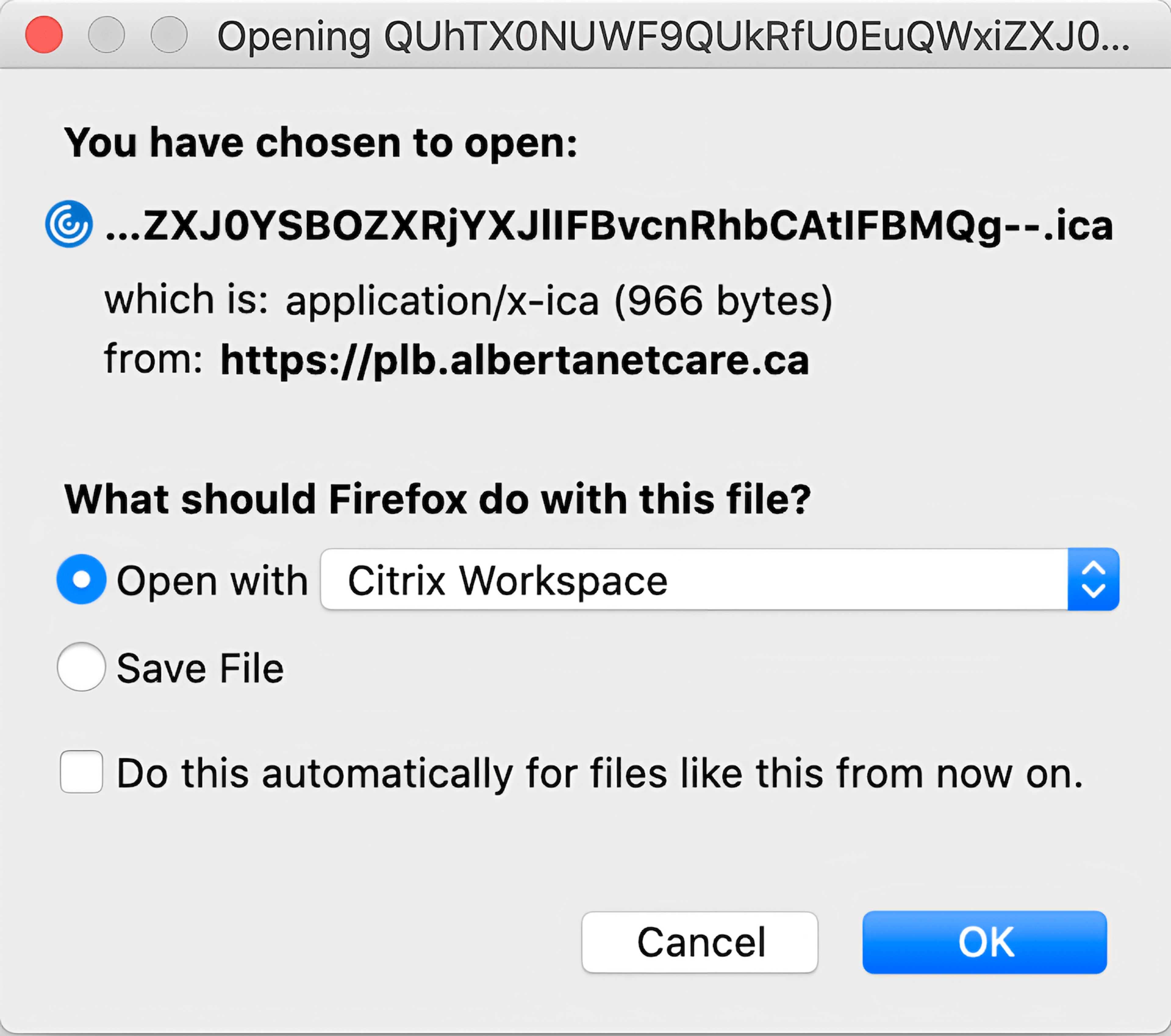 Firefox dialog checking if you'd like to open a file with Citrix Workspace